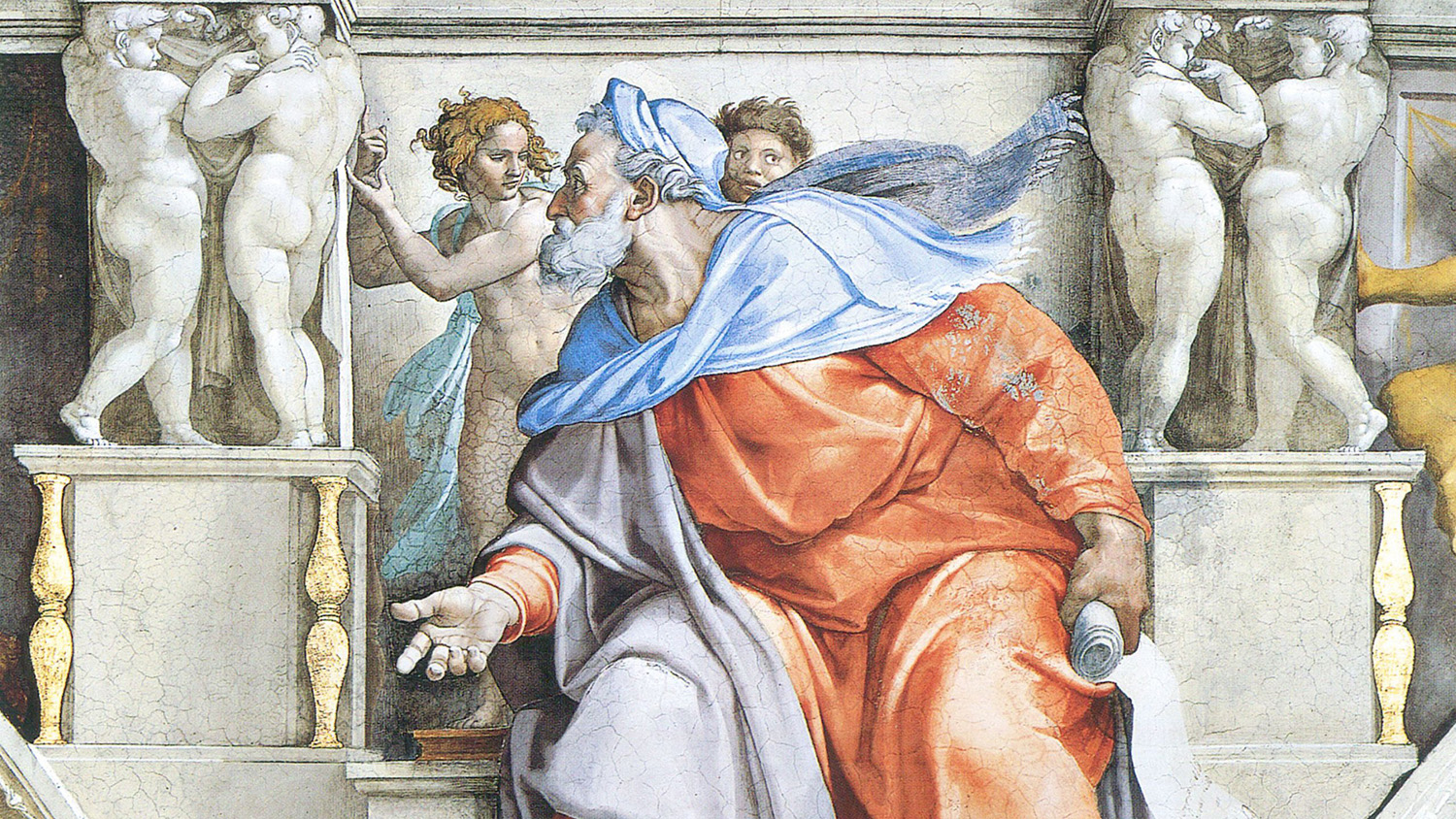 Ezekiel on the ceiling of the Sistine Chapel in the Vatican between 1508 to 1512, fresco, restored.