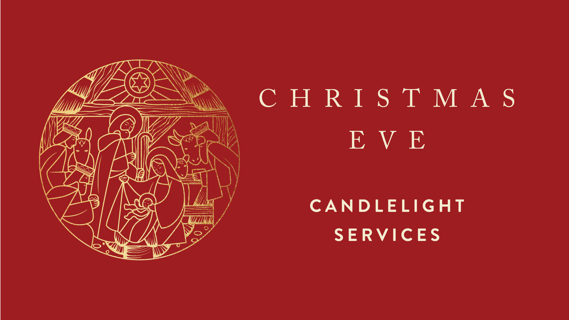 christmas eve _16x9 2024 Stained glass of Mary worshipping the resurrected Jesus in the garden, with the words "Easter Day" overlaid.