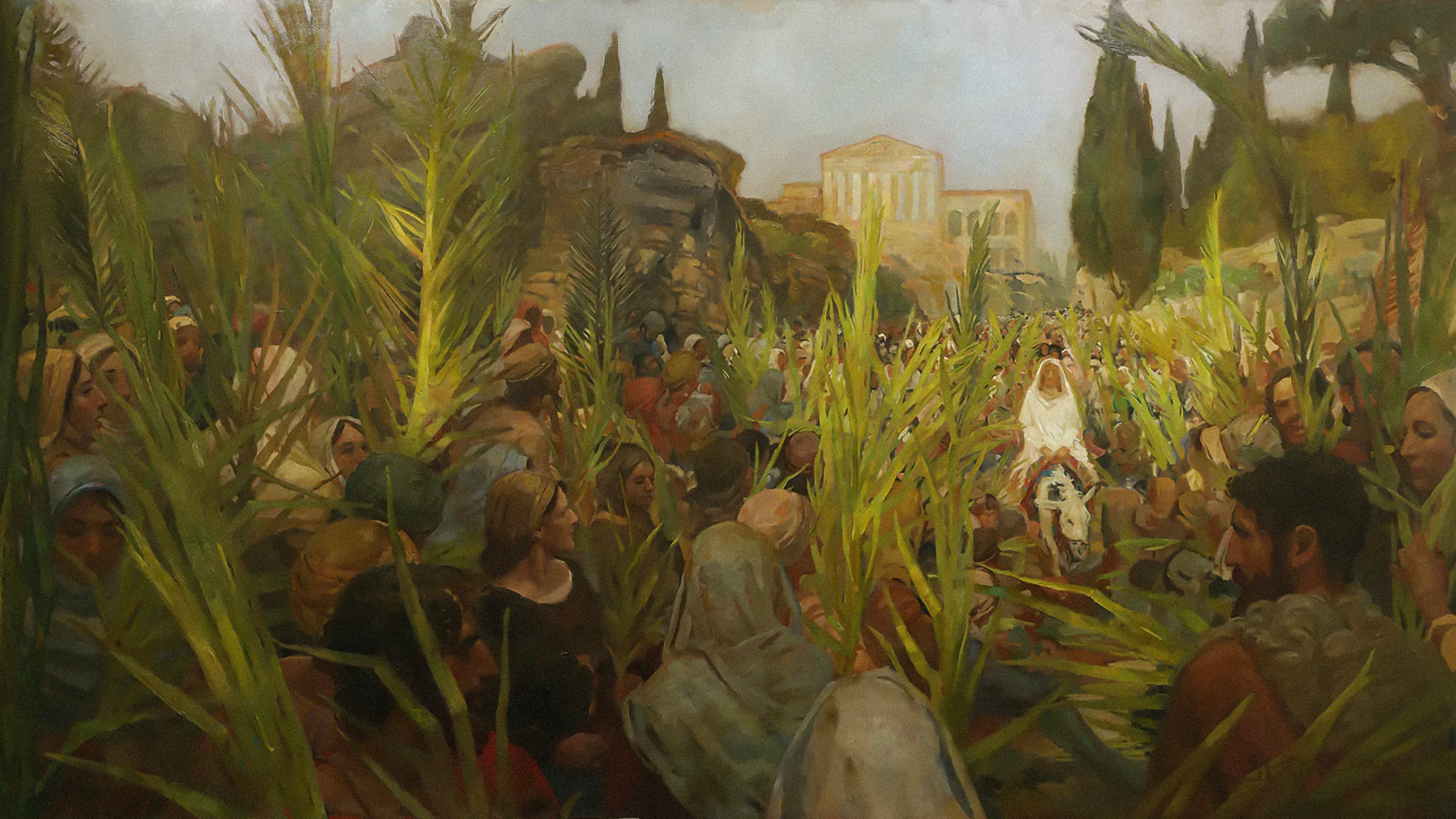 Palm Sunday 16x9 blank@2x A painting of Jesus riding on a donkey in a crowd of people waving palm branches.